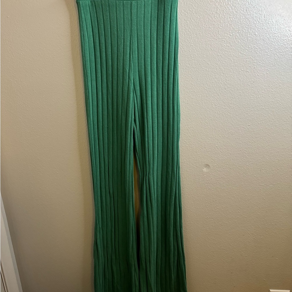 Fashion Nova Green Ribbed Wide-Leg Knit Pants
